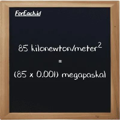How to convert kilonewton/meter<sup>2</sup> to megapascal: 85 kilonewton/meter<sup>2</sup> (kN/m<sup>2</sup>) is equivalent to 85 times 0.001 megapascal (MPa)